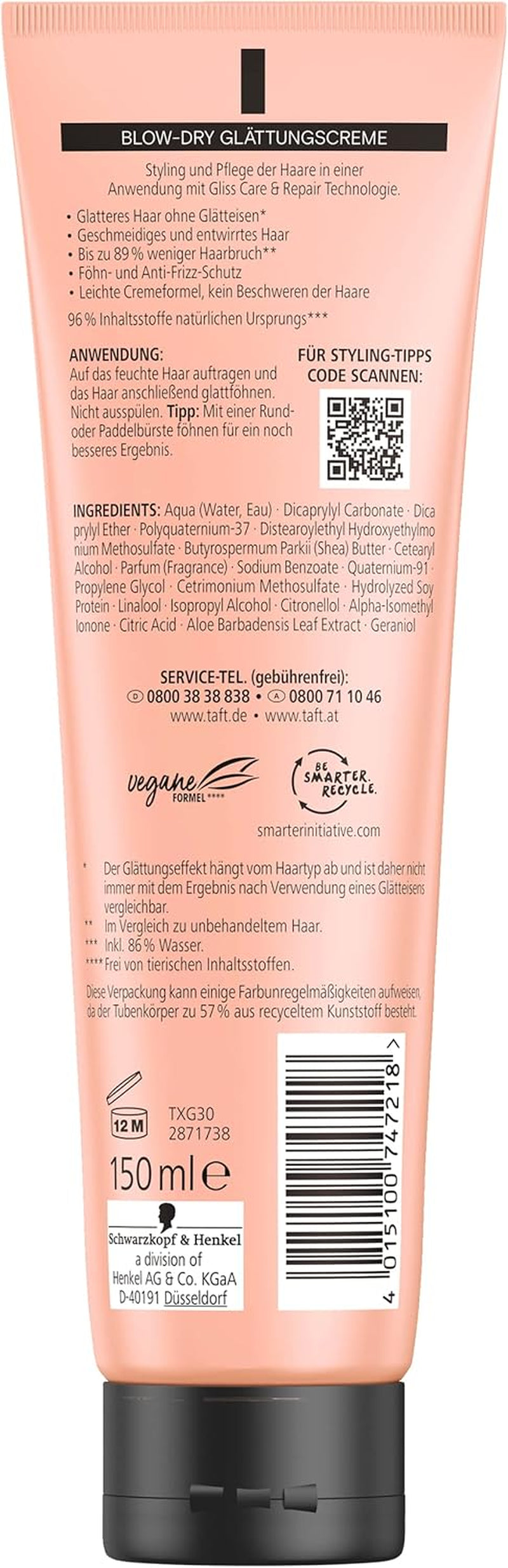 Taft X Gliss Crème Lissante Sleeky Smooth (150 Ml), Crème Coiffante Pour Cheveux Lisses Sans Fer À Lisser, Avec Protection Supplémentaire Contre Le Sèche-Cheveux Et Les Frisottis