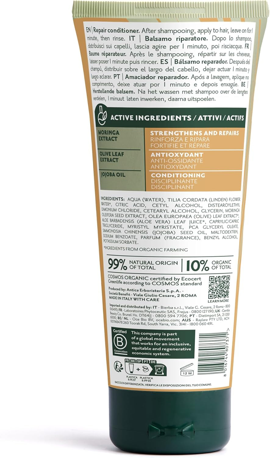 Herbatint Repair Conditioner, Baume Réparateur Bio - 200 Ml | Nourrit Et Répare Les Cheveux Stressés, Secs Et Abîmés | 99% Ingrédients Naturels, Avec Extraits De Moringa, Olivier, Jojoba Et Aloe Vera