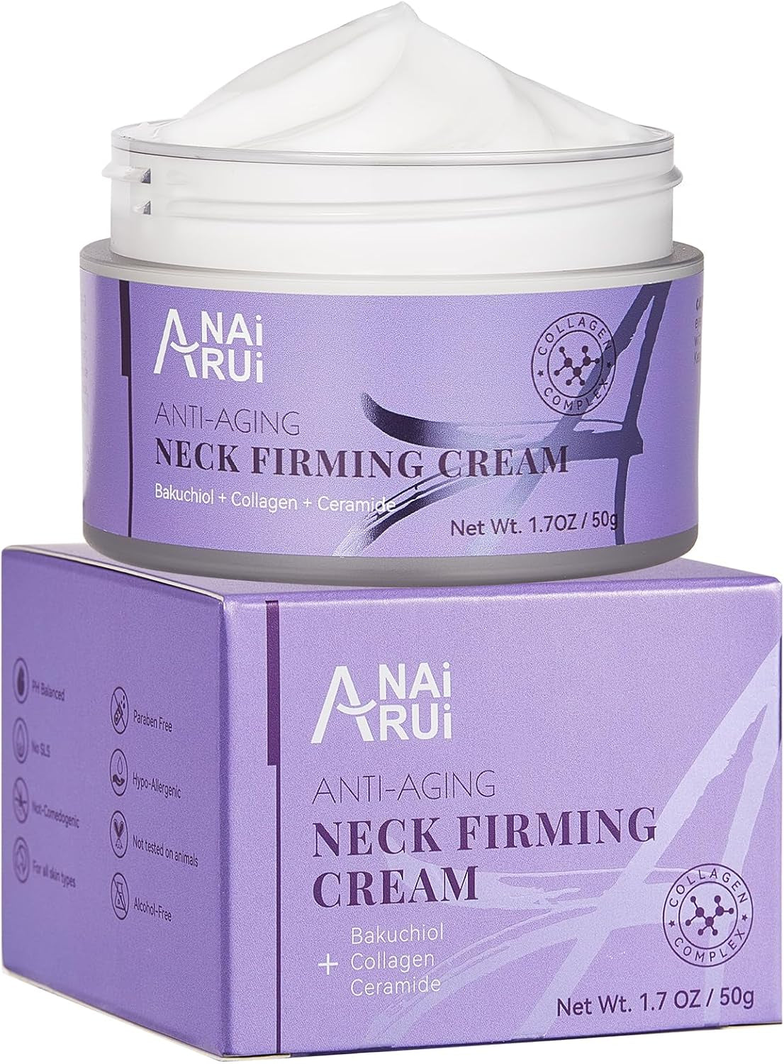 Anairui Crème Raffermissante Pour Le Cou, Hydratante Anti-Âge Pour Le Cou Et Le Décolleté Avec Bakuchiol, Collagène Et Céramides, Crème Anti-Rides Pour Femmes Et Hommes, 50 Ml