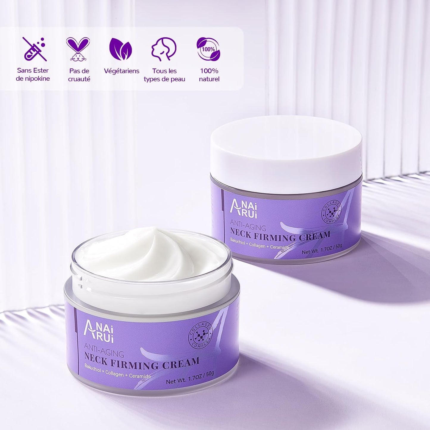 Anairui Crème Raffermissante Pour Le Cou, Hydratante Anti-Âge Pour Le Cou Et Le Décolleté Avec Bakuchiol, Collagène Et Céramides, Crème Anti-Rides Pour Femmes Et Hommes, 50 Ml