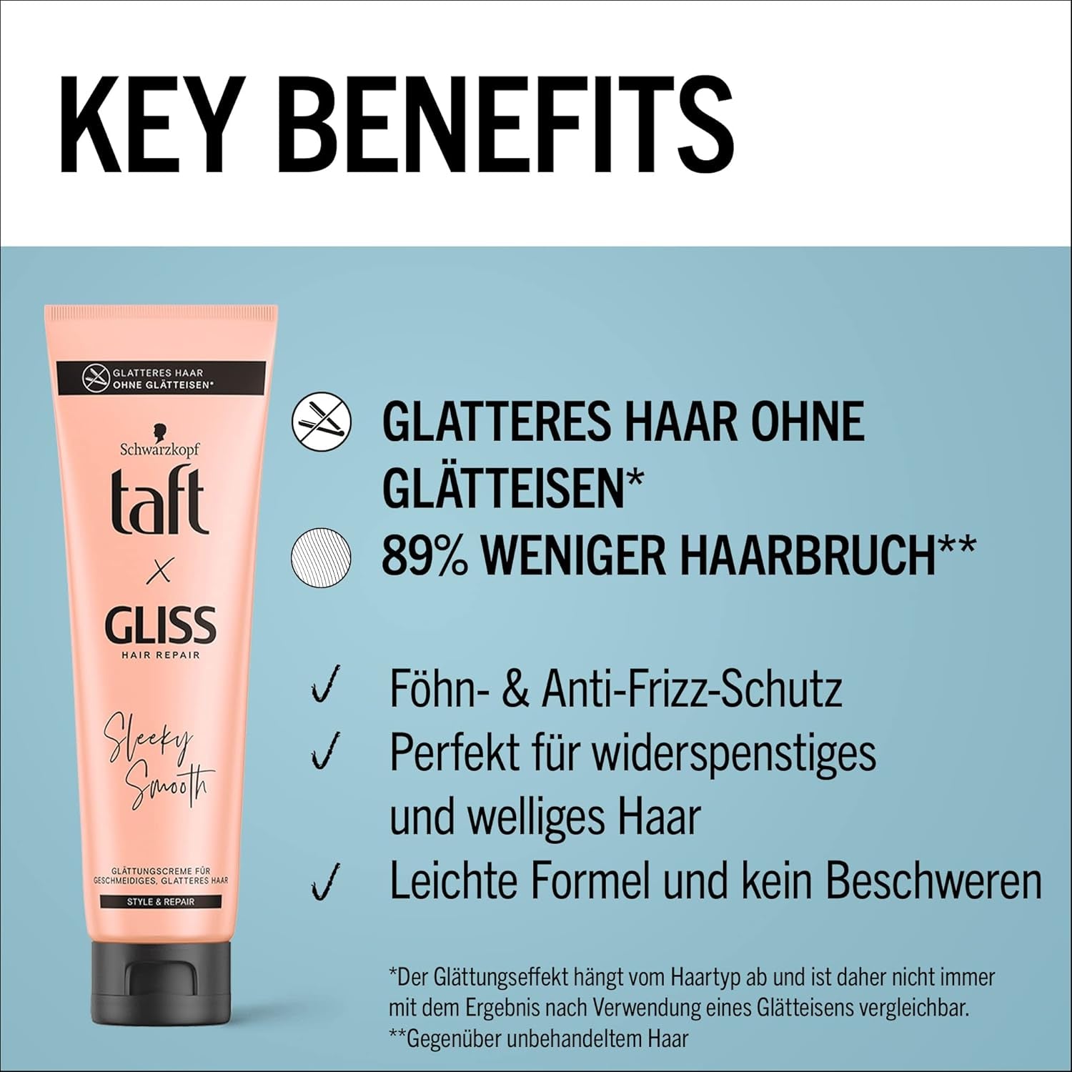 Taft X Gliss Crème Lissante Sleeky Smooth (150 Ml), Crème Coiffante Pour Cheveux Lisses Sans Fer À Lisser, Avec Protection Supplémentaire Contre Le Sèche-Cheveux Et Les Frisottis