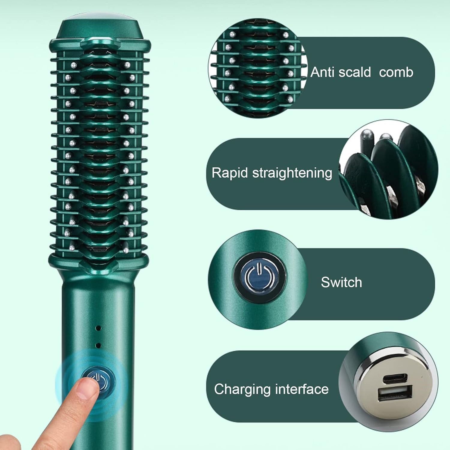 Brosse À Lisser Les Cheveux, Brosse À Lisser Les Cheveux, Brosse Chaude Sans Fil Rechargeable À Chauffage Rapide Pour Peigne À Lisser Les Femmes, Vert