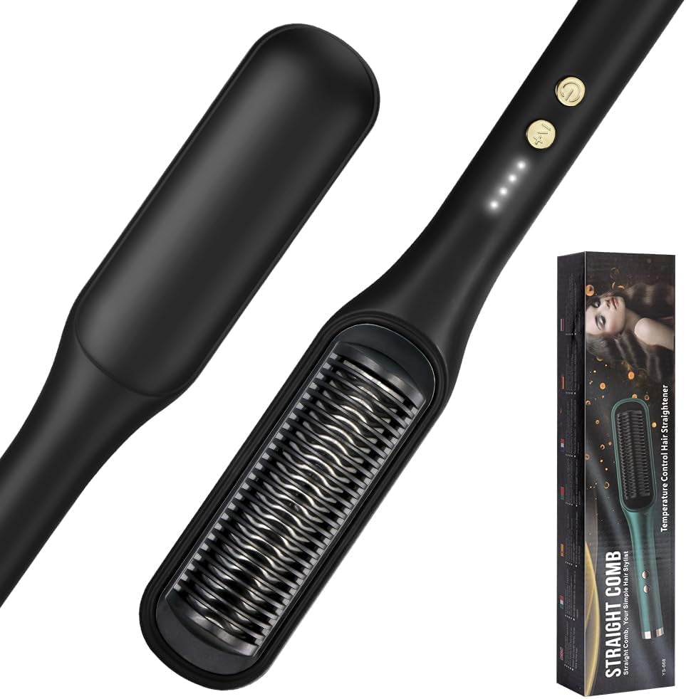 Brosse Lissante Pour Cheveux, Fer À Lisser Avec Peigne Intégré, Lisseur Cheveux Professionnel Négatifs Lons, 30S Chauffage Rapide, 4 Réglages De Température, 130℃-200℃, Anti-Brûlure