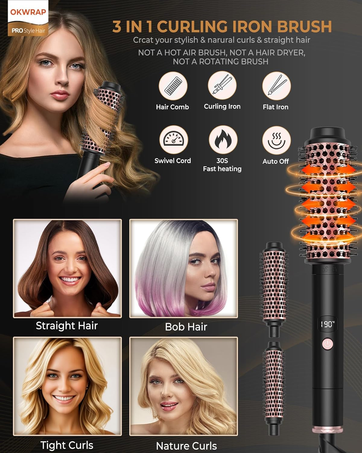 Thermal Brush, OKWRAP 3 in 1 Thermal Brush Set Mit 30/38 / 45 Mm, Brosse Thermique, 110-190 ℃ Température Réglable Fer À Friser, Augmenter Le Volume Des Cheveux, Convient À Tous Les Types De Cheveux