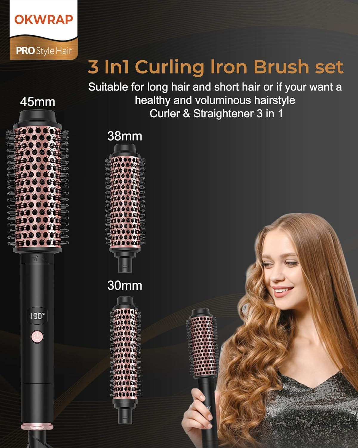 Thermal Brush, OKWRAP 3 in 1 Thermal Brush Set Mit 30/38 / 45 Mm, Brosse Thermique, 110-190 ℃ Température Réglable Fer À Friser, Augmenter Le Volume Des Cheveux, Convient À Tous Les Types De Cheveux