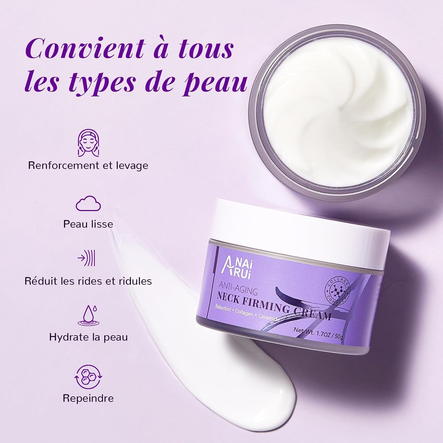 Anairui Crème Raffermissante Pour Le Cou, Hydratante Anti-Âge Pour Le Cou Et Le Décolleté Avec Bakuchiol, Collagène Et Céramides, Crème Anti-Rides Pour Femmes Et Hommes, 50 Ml